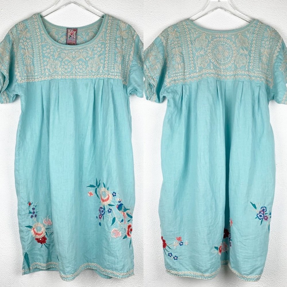 Johnny Was | Light Blue Short Sleeve Floral Linen Dress